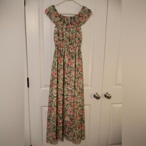 Off-Shoulder Floral Maxi Dress – Green with Red & White Flowers – Size M